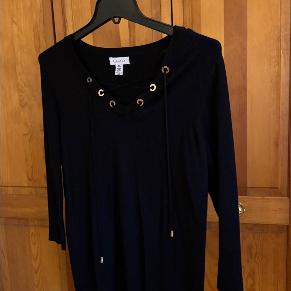 Calvin Klein Black Lace-Up Sweater with Gold Accents